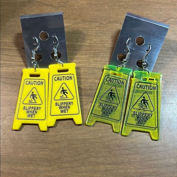 Caution Sign Earrings in Yellow and Green - Picture 1 of 1